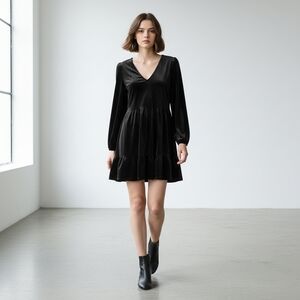 Miss Selfridge Women's 8 Black Velvet Knee Length Goth Baby Doll Dress‎ Witchy